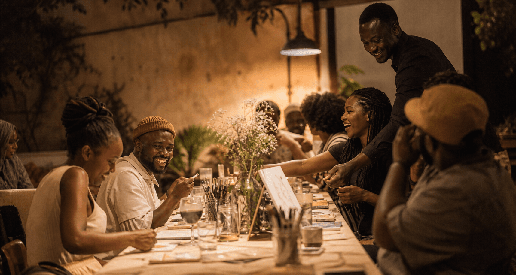 Guests gathered around a warmly lit Ishi table